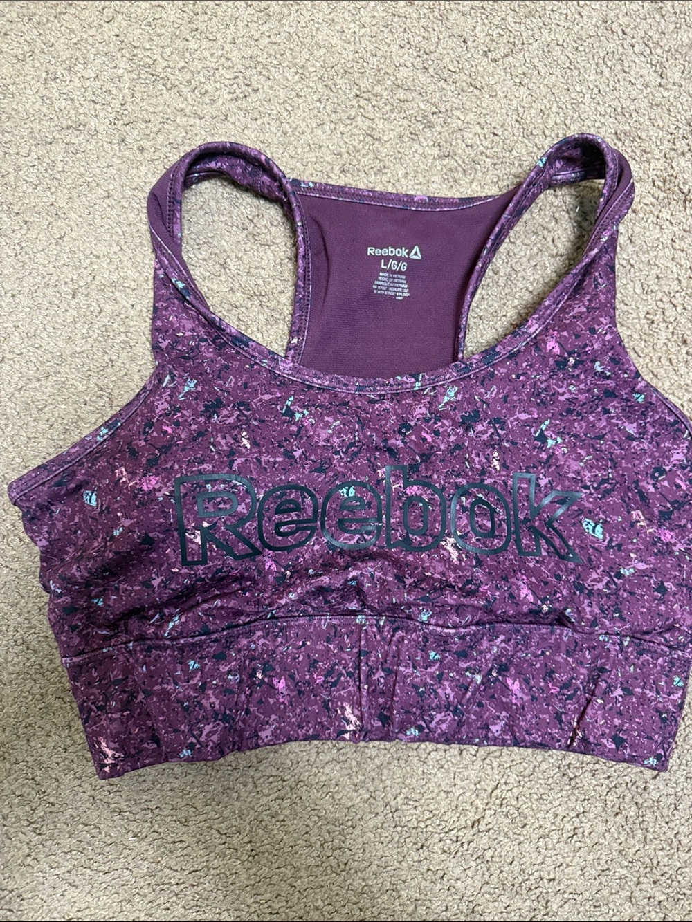 Reebok Women's Plum Marble-Print Racerback Sports Bra